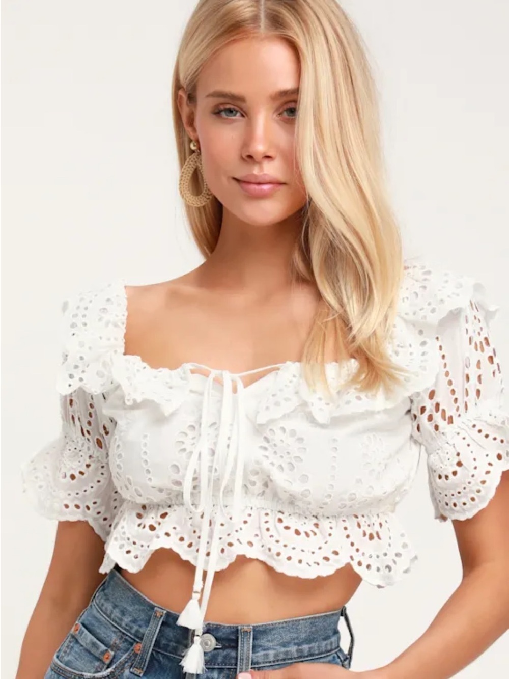 White Eyelet Ruffle Tie-Front Crop Top